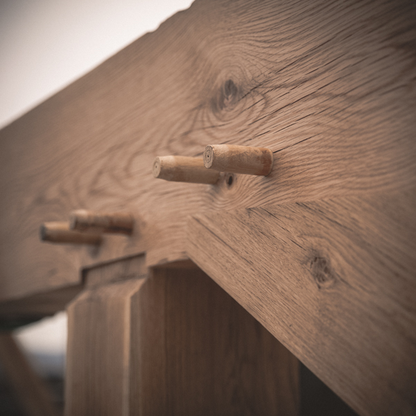 white oak timber with mortise and tenon joinery held together with wood pegs