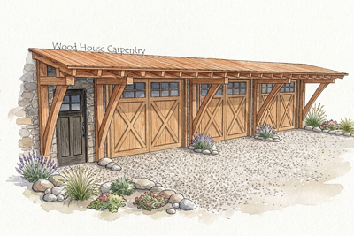 Watercolor rendering of a 3 car garage with a large Western Red Cedar eyebrow roof with rusty metal roofing.