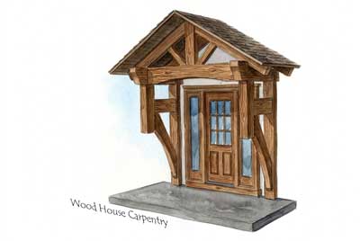 Watercolor painting of a substantial front door porch roof featuring heavy timber beams with wood grain texture and a dropped post design