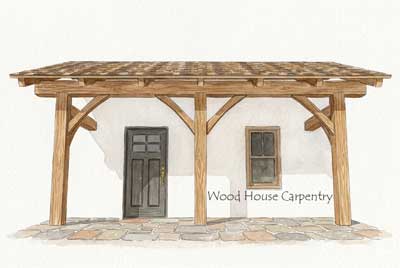 Watercolor painting of a shed porch roof with natural wood texture beams and a stone paver patio.
