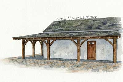 architectural illustration of a timber frame wraparound porch with wood beams and a flagstone paver patio.