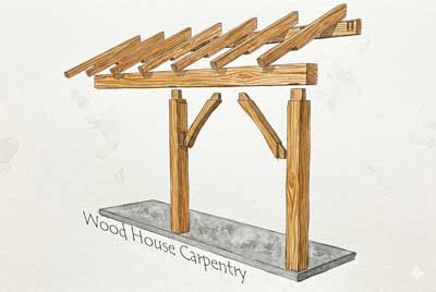 Watercolor illustration of a timber frame porch roof structure with wood grain texture and mortise and tenon joinery.