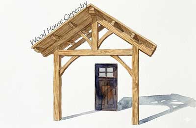 Watercolor illustration of a timber framed porch roof featuring a king post truss, curved braces, and exposed purlins.