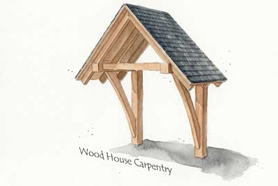 Timber framed porch roof supported by large wooden braces and brackets