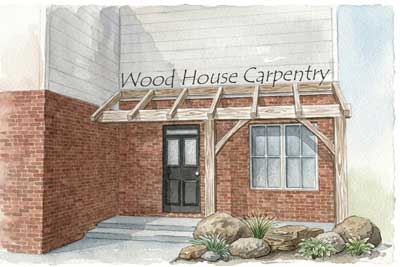 Watercolor architectural illustration of a timber framed shed porch roof on a new construction brick home with stone landscaping.