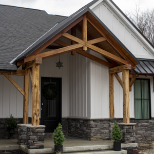 timber framed porch roof with two scissor trusses